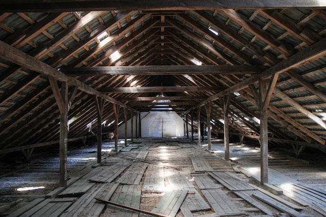 wooden beams in an attic