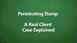 Penetrating Damp – A Real Client Case Explained title card on green background, introducing a real homeowner damp case study by RICS Chartered Surveyors Harrison Clarke.