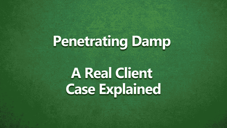 Penetrating Damp – A Real Client Case Explained title card on green background, introducing a real homeowner damp case study by RICS Chartered Surveyors Harrison Clarke.