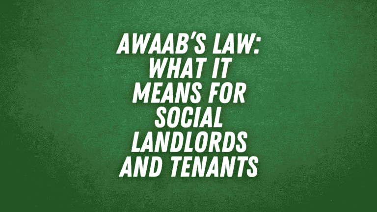 Text on green background reading “Awaab's Law: What it means for social landlords and tenants,” used as a title image for a property advice video by Harrison Clarke Chartered Surveyors.