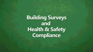 Building Surveys and Health and Safety Compliance. Bold white writing on textured dark green background.