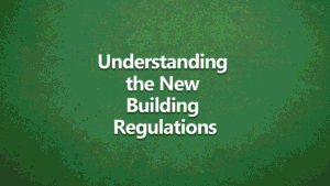 Dark green background with bold white writing saying understanding the new building regulations