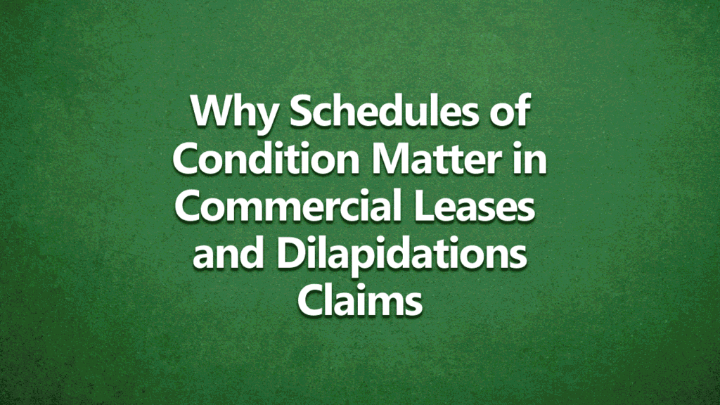 Why Schedules of Condition matter in Commercial Leases and Dilapidations Claims. White writing on dark green background.