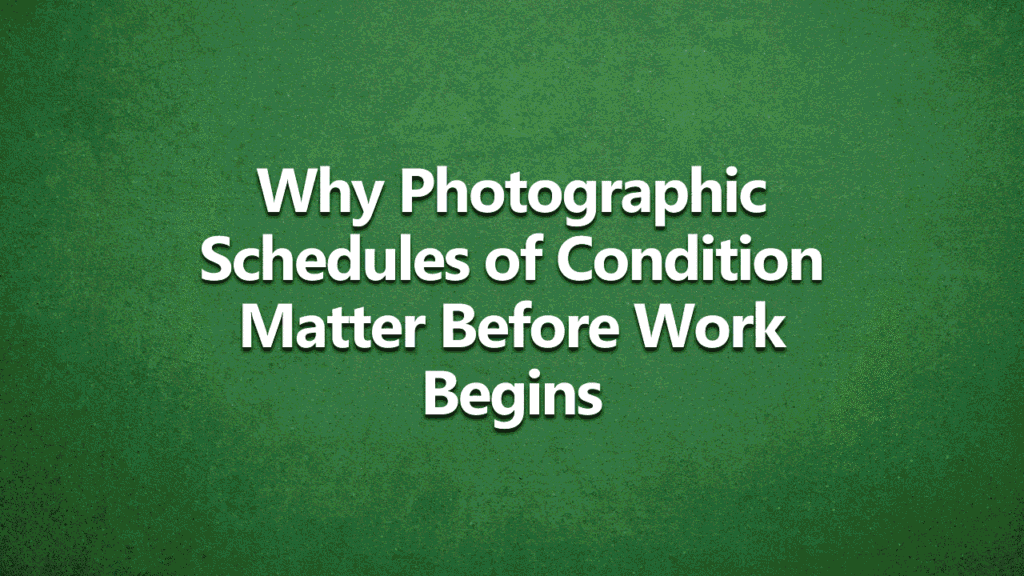 Why Photographic Schedules of Condition Matter Before Work Begins - White text on dark green background